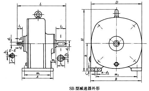 SB系列雙擺線針輪減速機外形及安裝尺寸、針齒中心圓直徑及傳動比